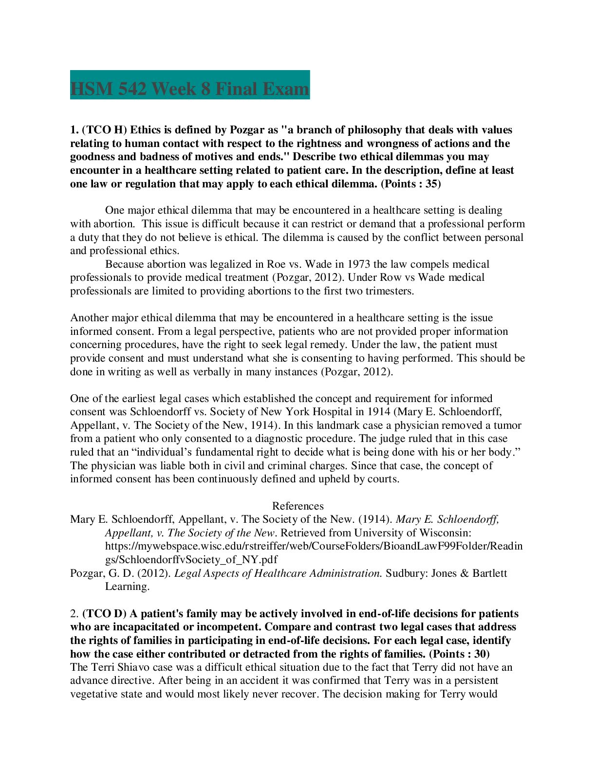 Preview of Chamberlain College of Nursing -HSM 542 Final Exam Questions and Answers Rated A